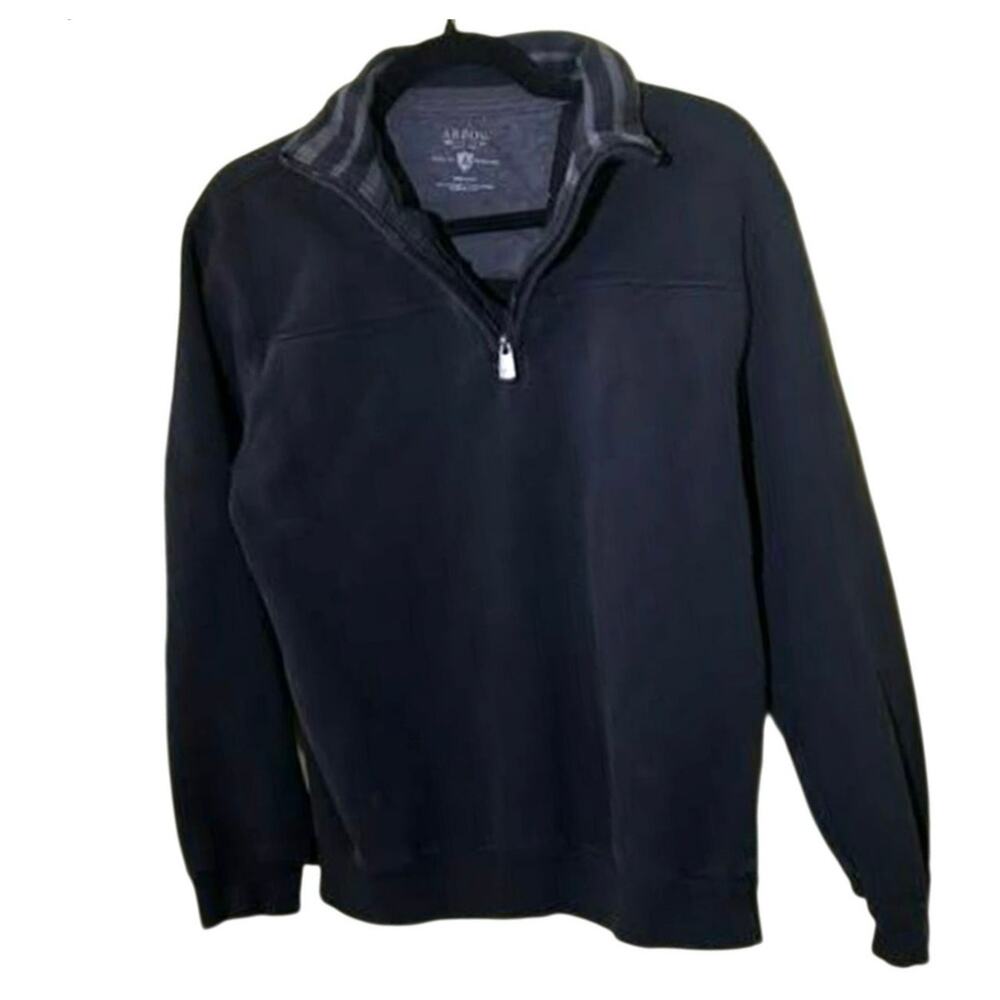 VTG Arrow Mens Quarter Zip Pullover Black Striped Collar Y2K Sweater Medium